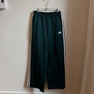 Dark Green Adidas Loose Fit Wide Leg Track Pants with Cream Side Stripes